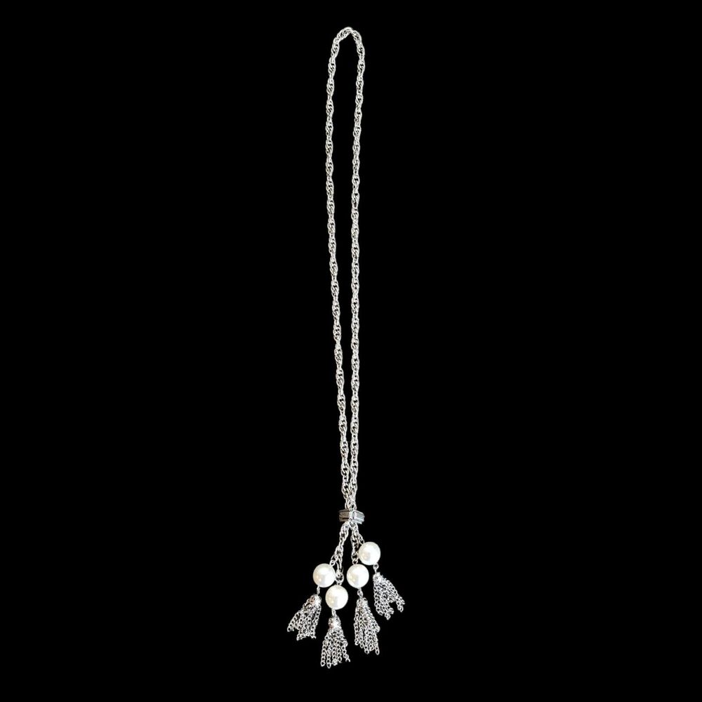 Elegant Silver Tone Tassel Necklace with Faux Pearl Accents Fashion Jewelry